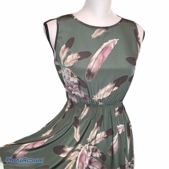 Fit and Flare Olive Green Feather Dress - Picture 2 of 5